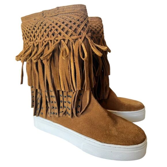 SCHUTZ Suede Leather Looped Studded Fringe Ankle Boots - Picture 10 of 10